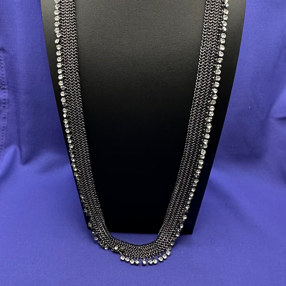 J. Crew Chainmail & Crystal Gun-Metal Finish Long Necklace
